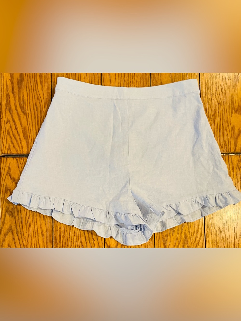SAGE the Label blue linen blend ruffled hem shorts, lined, size medium